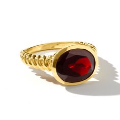 Ross-Simons - 5.00 Carat Oval Garnet Ring in 18kt Gold Over Sterling. Size 9. The wine-red hue of this 5.00 carat oval garnet has a rich look, bezel set on a chic twisted shank of polished 18kt yellow gold over sterling silver. 3/8" wide. Garnet ring. Garnet birthstones are the perfect gift for January birthdays. Jewelry Infographic, Garnet Birthstone, Natural Gold, Pink Topaz, Garnet Jewelry, Garnet Rings, Perfect Ring, Metal Rings, Birthstone Jewelry