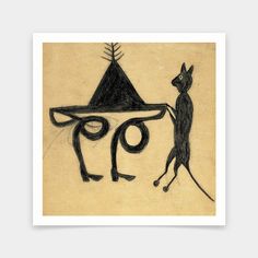 a black and white drawing of a cat standing in front of a hat on top of a table