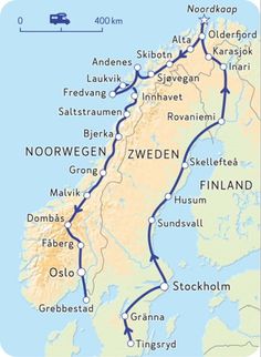 a map of norway showing the route for each country's major cities and towns