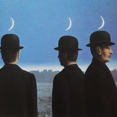 three men in black suits and hats looking at the sky with moon phases above them