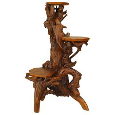 a chair made out of tree branches with a wooden seat