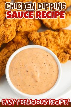 chicken nuggets and dipping sauce on a white plate