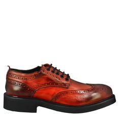 Derby with brogue details for women 
Red full-grain leather with vintage effect
Side zip closure
Non-slip rubber sole
Full grain leather lining
Made by hand
Made in Italy

Composition: 

Upper: 100% Leather
 Lining: 100% Leather
 Bottom: Rubber
 Insole: 100% Leather Brown Wingtip Oxfords With Red Sole, Red Brogue Oxfords For Derby, Red Goodyear Welted Wingtip Oxfords, Vintage Effect, Red Sole, Shoe Size Conversion, Handmade Shoes, Womens Heels, Full Grain Leather