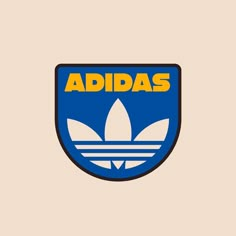 the adidas logo in blue and yellow on a beige background with an orange stripe