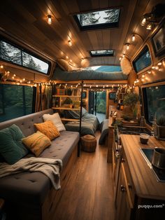 the interior of a camper with lots of lights