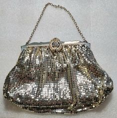 Vintage signed WHITING & DAVIS Rhinestone Closure Silver Mesh Purse Hand Bag | eBay Handheld Sequined Evening Bag, Formal Silver Shoulder Bag With Bling, Elegant Formal Shoulder Bag With Sequins, Sequin Shoulder Bag For Wedding, Elegant Sequined Shoulder Bag For Formal Events, Vintage Party Bags With Rhinestones, Vintage Silver Shoulder Bag For Party, Doris Duke, Vintage Handbags