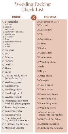 the wedding packing checklist is shown in red and white, with text on it