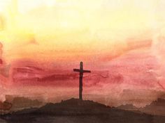 a cross on top of a hill in the sunset with clouds and watercolors royalty illustration