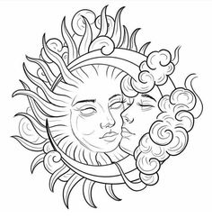 the sun and moon face in black and white