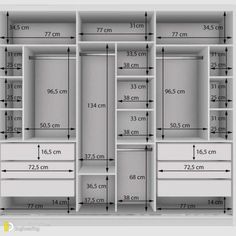 an image of a closet with measurements for the doors and drawers on it's sides