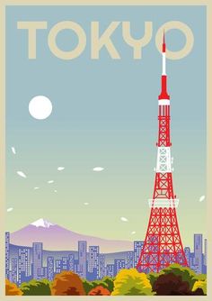 the tokyo tower is shown in red and white