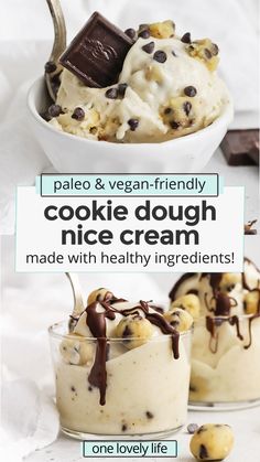 two scoops of ice cream with chocolate chips on top and the title reads paleo & vegan - friendly cookie dough nice cream made with healthy ingredients