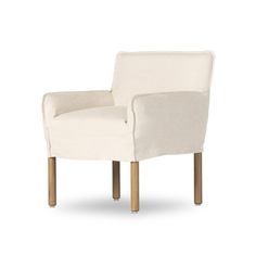 a white chair with wooden legs and an upholstered armrest, on a white background