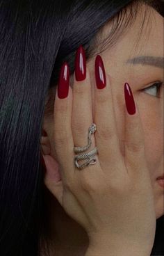 Dark Red Acrylics, Red Inspo Nails, Long Red Almond Nails, Red Nails Acrylic Almond, Red Gel X Nails, Red Nails 2023, Red Aesthetic Nails, Dark Almond Nails, Red Nails Trendy