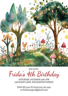 a birthday party card with trees and mushrooms on it's front, which reads friday's 4h birthday