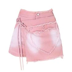 Pink denim wrap skirt featuring a heart-shaped lace appliqué E Girl Clothes, Denim Wrap Skirt, Pink Clothes, Wrap Skort, Outfits Y2k, Pink Denim, E Girl, Y2k Clothes, Y2k Clothing