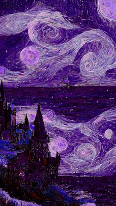 a painting of a castle in the middle of water with purple and blue swirls