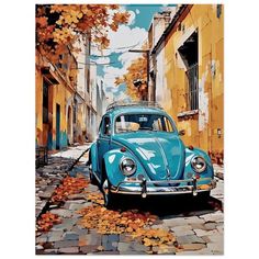 Blue Vw Beetle, Vintage Blue Car, Leaves Blanket, Cobblestone Street, Vw Art, Digital Art Poster, Blue Beetle, Blue Car, Watercolor Art Lessons