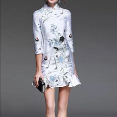 New With Tag Stylewe Brand, Silver Silk-Blend Embroidered 3/4 Sleeve Crane And Flower Print Mini Dress Dress Length: Short Dress Type: Mini Dress Size: L Or M Original Price: $149 Size Dimensions: Length: M: 32.7” L:33.1'' Shoulder: M:14” L:14.6'' Bust: M:33.1” L:34.6'' Waist: M:29.1” L:30.7'' Sleeves: M:17.7” L:18.1'' Elegant Printed Half Sleeve Dresses, Fitted Embroidered Dress With 3/4 Sleeves, Spring Embroidered Half Sleeve Dresses, Half Sleeve Embroidered Dress For Spring, Half Sleeve Embroidered Spring Dress, Elegant Embroidered Half-sleeve Dress, Elegant White Printed Mini Dress, Elegant Embroidered Half Sleeve Dress, White Mini Dress With 3/4 Sleeves For Spring