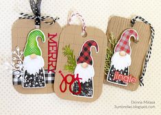 three tags with christmas gnomes on them