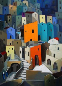 an abstract painting of colorful buildings in the city with stairs leading up to them and blue sky above