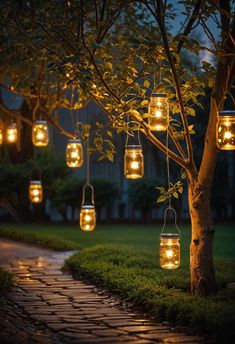 mason jar lights hanging from a tree