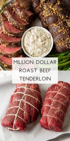 a plate with steaks, potatoes and dip on it that says million dollar roast beef tenderloin