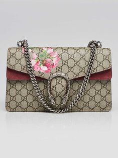 Gucci Beige/Pink GG Supreme Blooms Coated Canvas Small Dionysus Shoulder Bag Description The Dionysus shoulder bag is a newer style from Gucci that has already become a classic. Featuring structured GG Supreme canvas with painted floral details and an antique rose suede panel. The textured tiger head closure is a reference to the Greek god Dionysus. The sliding chain strap can be worn on the shoulder or carried by hand. Retail price is $2300. Condition The exterior canvas is clean and beautiful throughout. The suede has some natural signs of rubbing. The hardware is bright and crisp. The interior suede has rubbing throughout but remains clean and in great condition. Details Overall Condition: Like new Exterior Condition: Like new Interior Condition: Like new Includes: None Material: Beige/ God Dionysus, Greek God, Tiger Head, Antique Roses, Flap Pocket, Chain Strap, Chain Link, Bags Handbags, Dust Bag