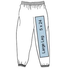 a white pants with a blue label on the bottom and side that says large leg length