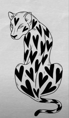 a black and white drawing of a cheetah sitting on its hind legs with hearts