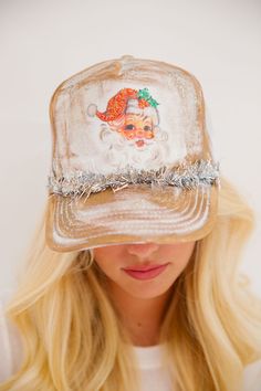 JOLLY SANTA WHITE TRUCKER HAT HAT Judith March Christmas Trucker Hat, Crazy Christmas Hat, Painted Trucker Hats, Funny Christmas Hats, Trucker Hat Outfit, Diy Hats, White Trucker Hat, Judith March, Painted Hats