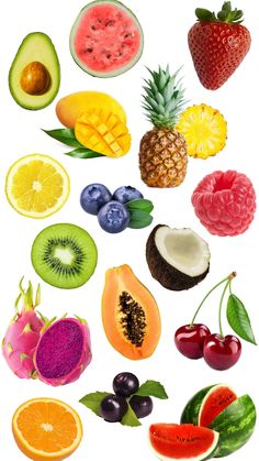 various fruits and vegetables cut in half on a white background