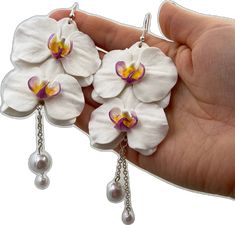 White 3d Flower Dangle Earrings, Elegant Orchid Flower Earrings, White Dangle Flower Earrings With 3d Flowers, White Dangle Earrings With 3d Flowers, Elegant Orchid Flower Jewelry, Handmade White Flower Pearl Earrings, White Flower Bridal Earrings Gift, White Flower Earrings With Pearl Drop, White Pearl Earrings With 3d Flowers As Gift