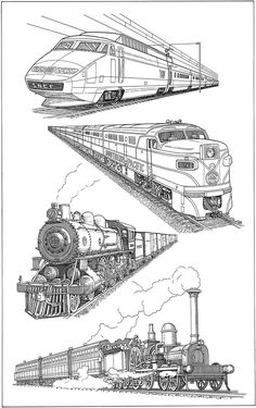 two trains are shown in black and white, one is an old fashioned steam engine