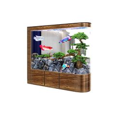 an aquarium with fish and trees in it