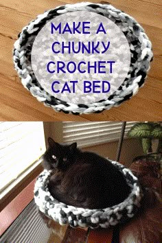 a black cat is sitting in a crochet bed