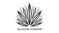 the bloom farms logo is shown in black and white, with sunbursts coming out