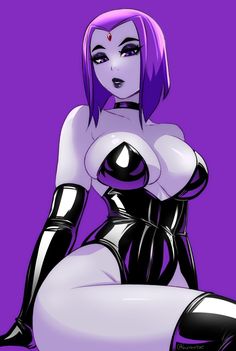 a woman with purple hair and black latex clothing sitting on the ground in front of a purple background