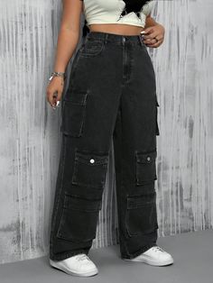 Plus Size Flip Pocket Casual Workwear Straight Leg Jeans Black    Denim Plain Straight Leg Non-Stretch  Women Plus Clothing, size features are:Bust: ,Length: ,Sleeve Length: Casual Workwear, Jeans Casual, Plus Size Jeans, Plus Clothing, Black Denim, Straight Leg Jeans, Women Clothes Sale, Denim Jeans, Work Wear