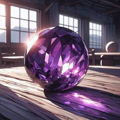 a large purple crystal ball sitting on top of a wooden table in front of windows