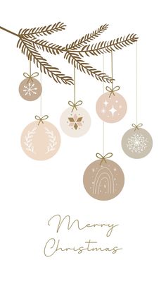 christmas ornaments hanging from a tree branch with the words merry christmas written on it's side