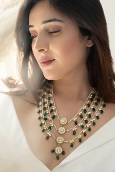 22k gold plated layered necklace with green pearl, kundan, green jade stone embellishment. - Aza Fashions Green Pearls, Jade Stone, Green Necklace, Green Jade, Layered Necklace, Jade Green, 22k Gold, Aza Fashion, Layered Necklaces