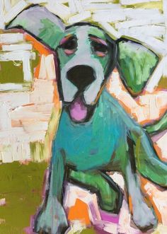 a painting of a dog sitting on the ground