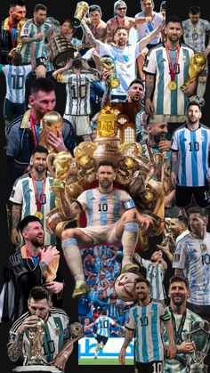 a collage of soccer players with trophies and medals on their heads, all in different colors