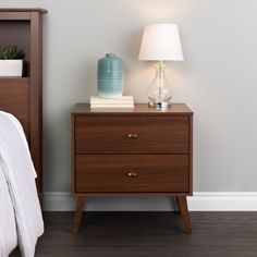 a nightstand with two drawers and a lamp on it next to a bed in a room