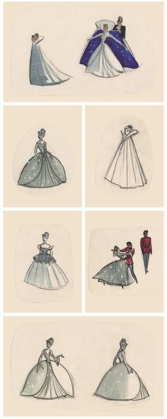 several drawings of wedding gowns and dresses