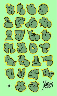 an image of graffiti alphabets in green and yellow on a light green background with the letters