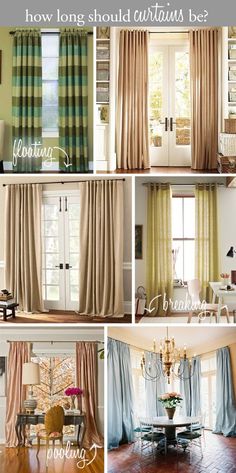 four different views of curtains and windows in the same room, with text that reads how long should curtains be?