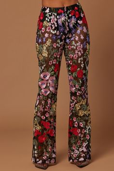 Embroidered Non-stretch Wide Leg Bottoms, Embroidered Non-stretch Bottoms For Fall, Fall Straight Leg Bottoms With Floral Embroidery, Fall Embroidered Wide Leg Pants, Spring Floral Embroidered Pants, Spring Stretch Pants With Floral Embroidery, Black Embroidered Straight Leg Pants, Fitted Floral Embroidery Pants For Fall, Spring Floral Embroidery Stretch Pants