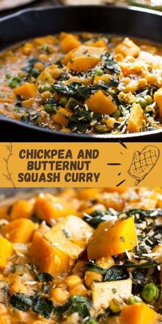 two pictures showing different types of food in the same pan, one with chicken and butternut squash curry